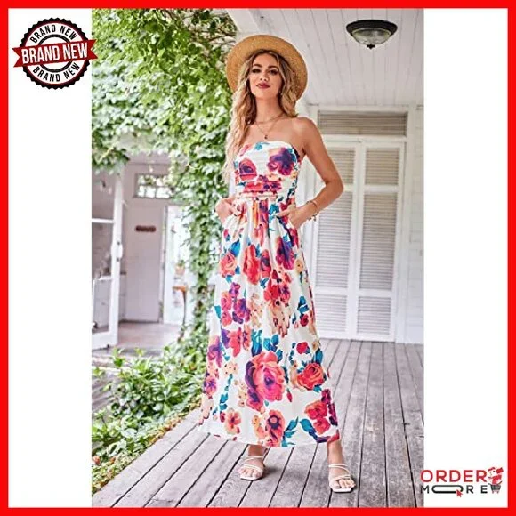 Strapless Maxi Dress with Pockets, Ruched Casual Loose Fit